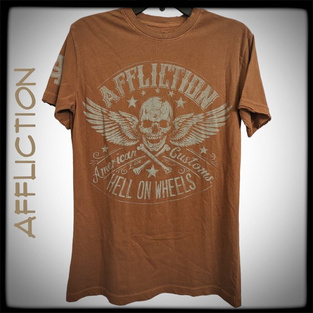 AFFLICTION American Customs Hell on Wheels Winged Skull T-Shirt Orange Men's S
